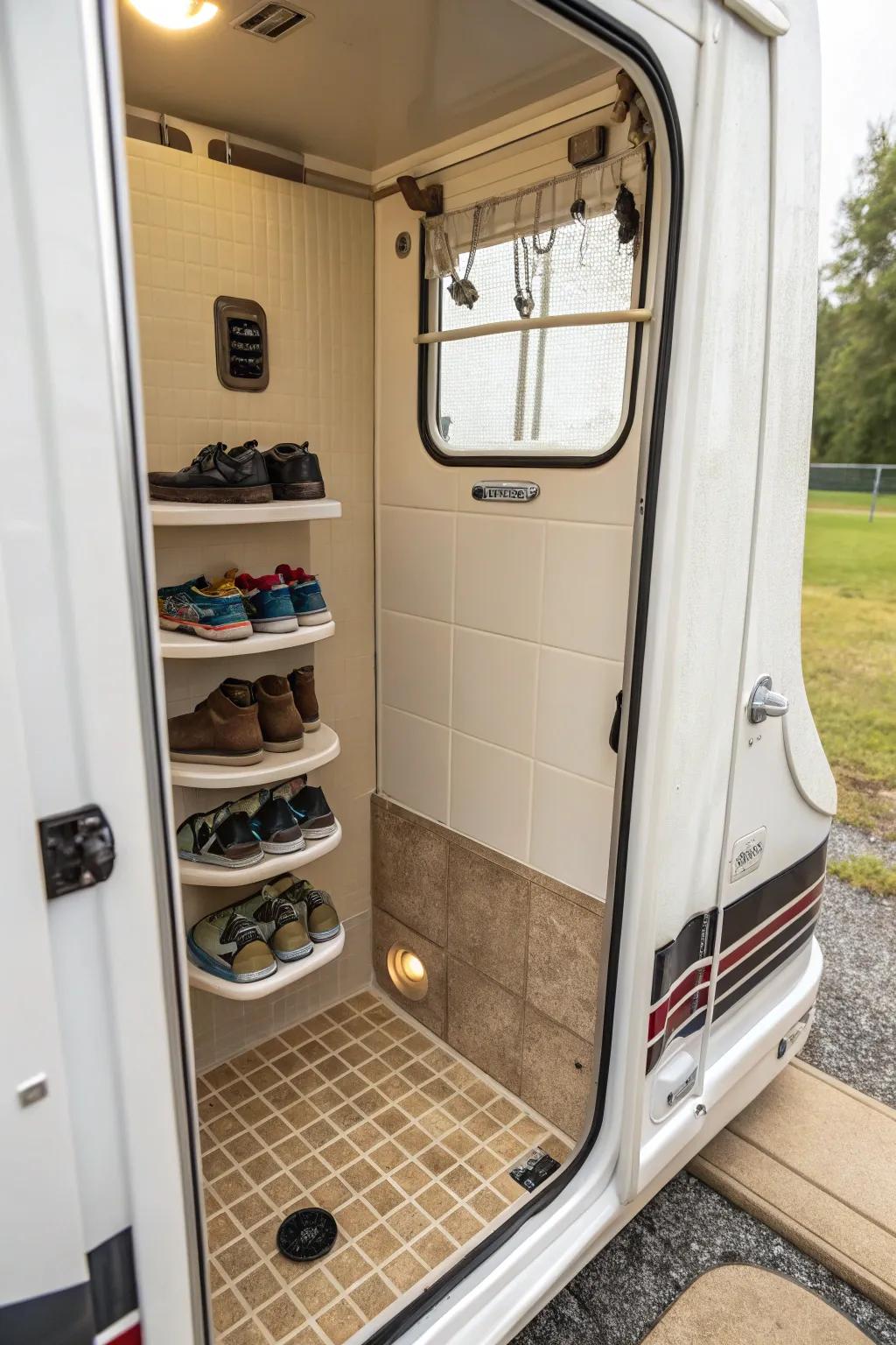 The shower isn’t solely for showers; arrange shoes here too.