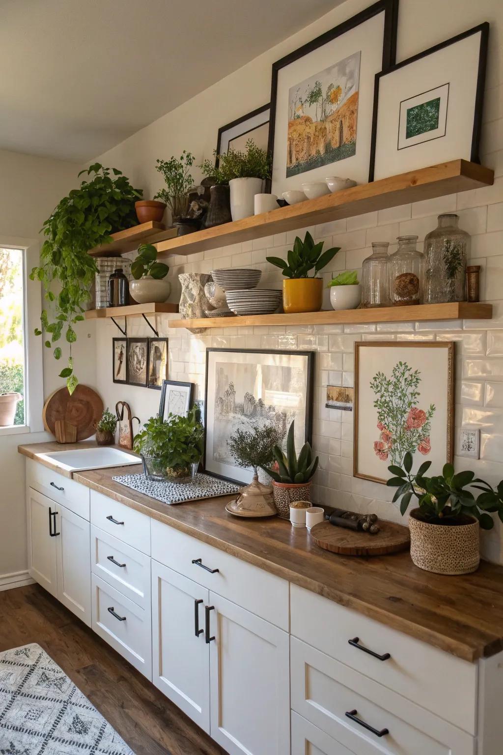 A culinary space furnished with floating shelves that display art, plants, and décor