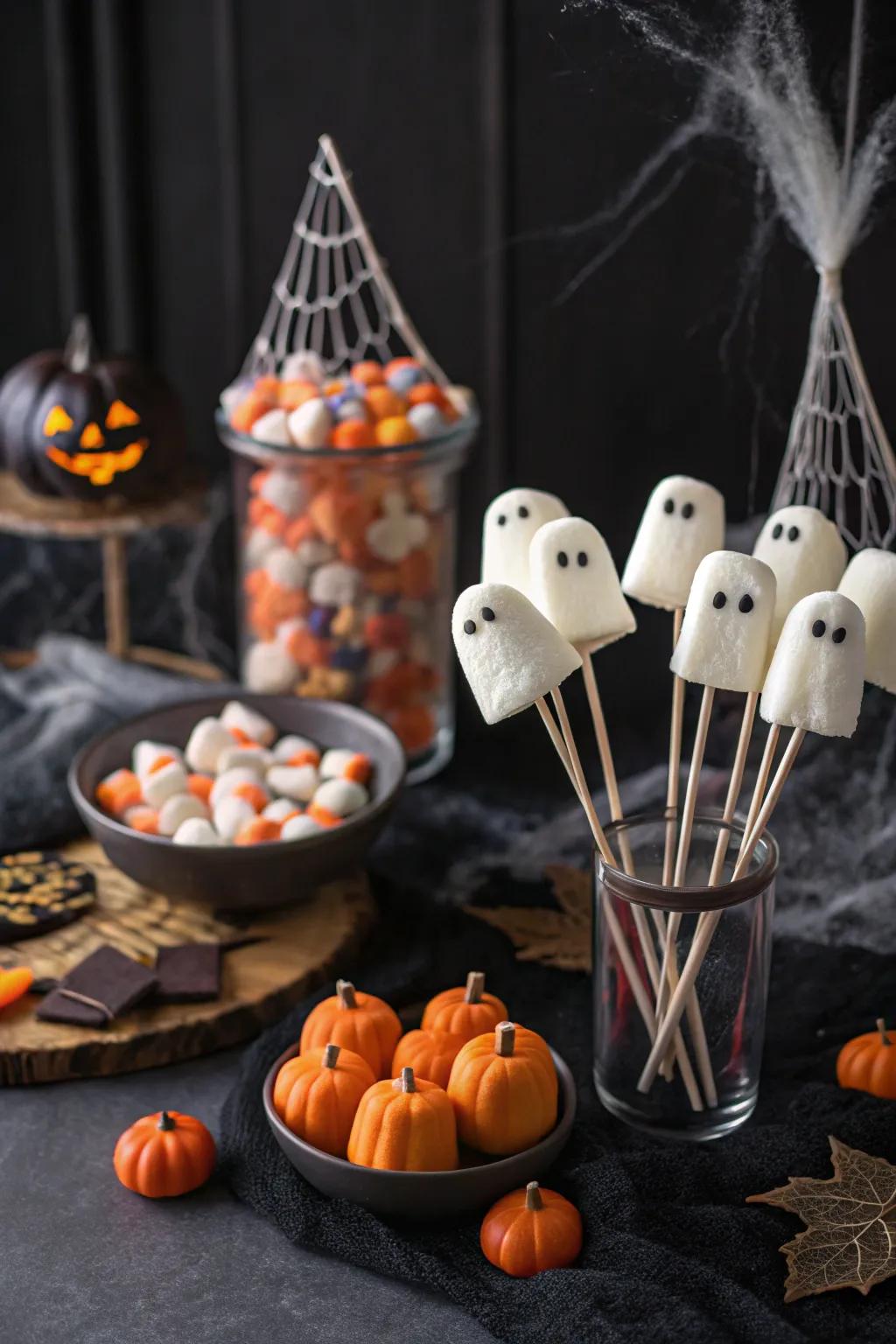 Ghostly meringue lollipops, a sweet and spooky delight.
