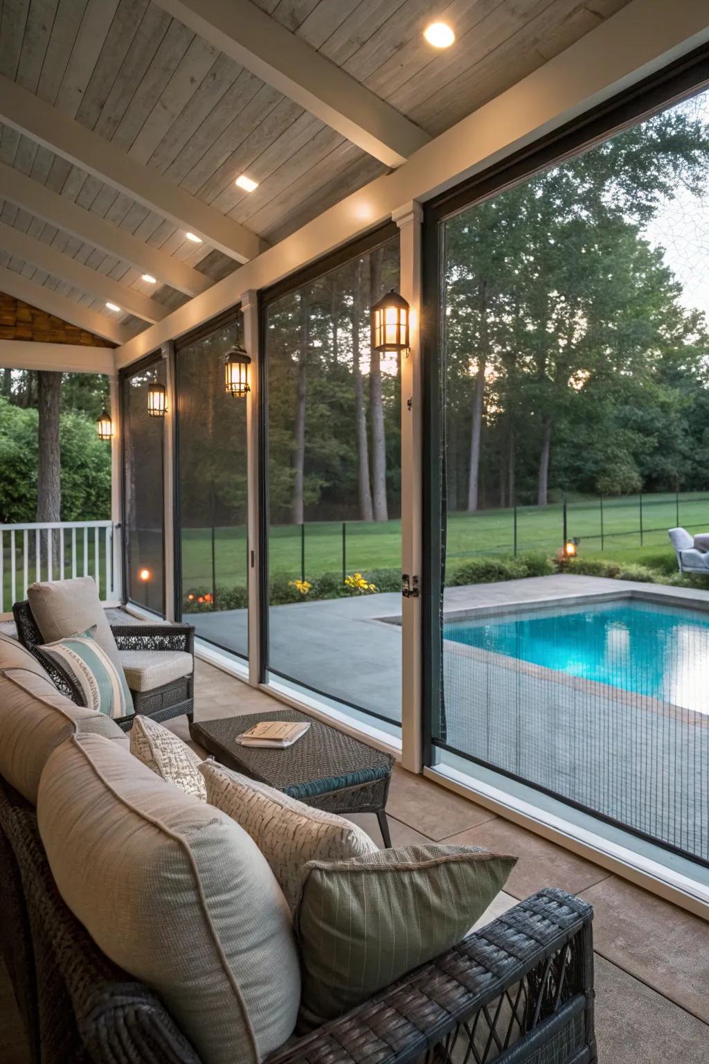 A poolside porch furnishes shade and leisure following a swim.