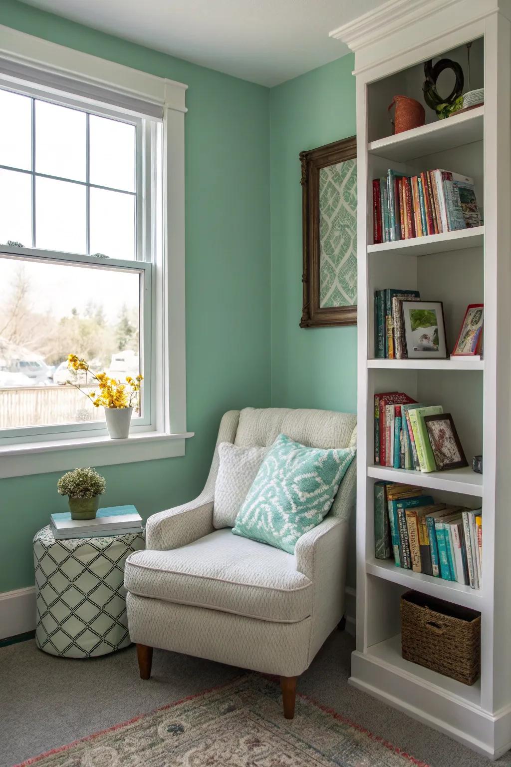 A cozy reading nook featuring soothing seafoam green painted walls.