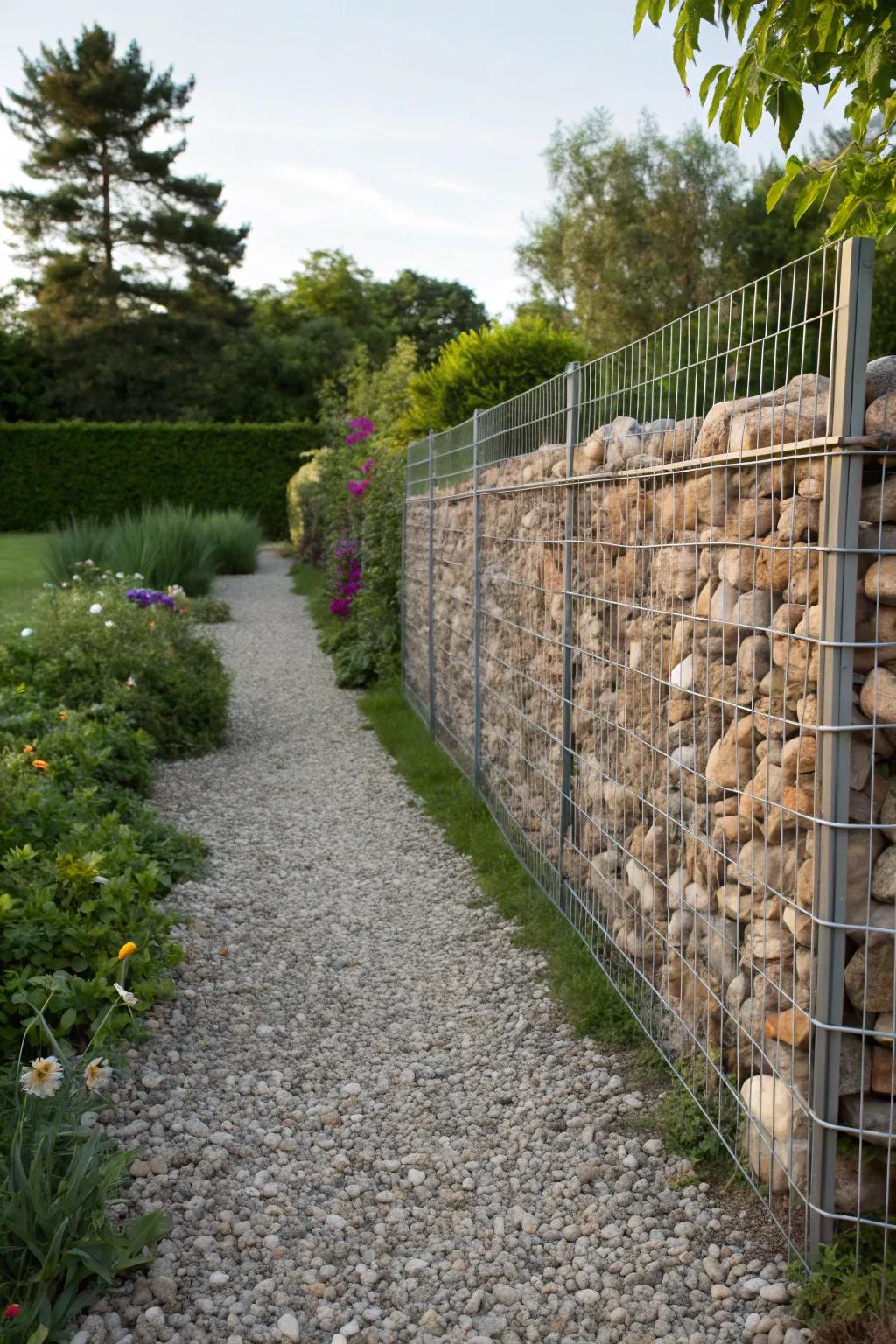 Gabion structures provide a natural, textured barrier in this scenic garden landscape.