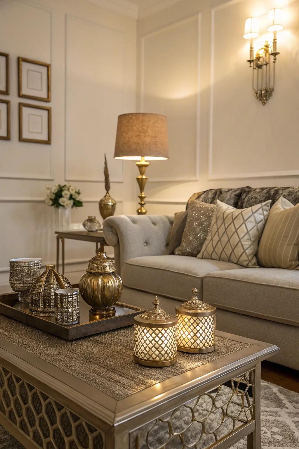 Metal accents inject understated luxury into the room.