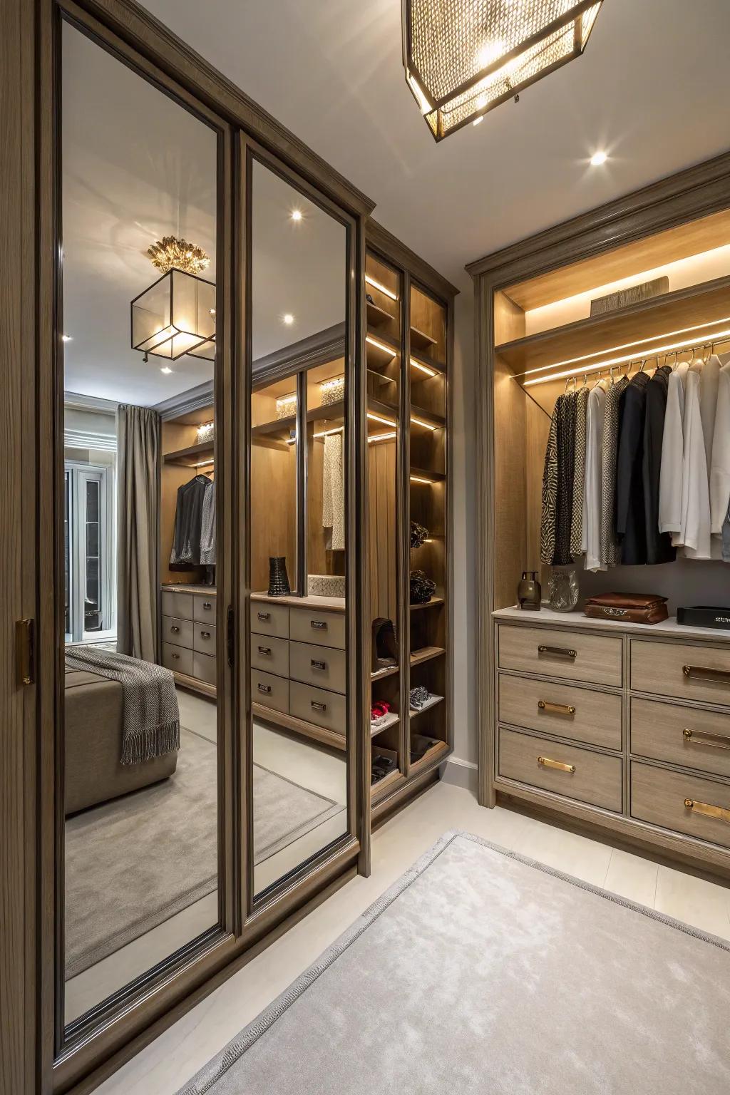 A closet using strategically set mirrors to amplify depth.