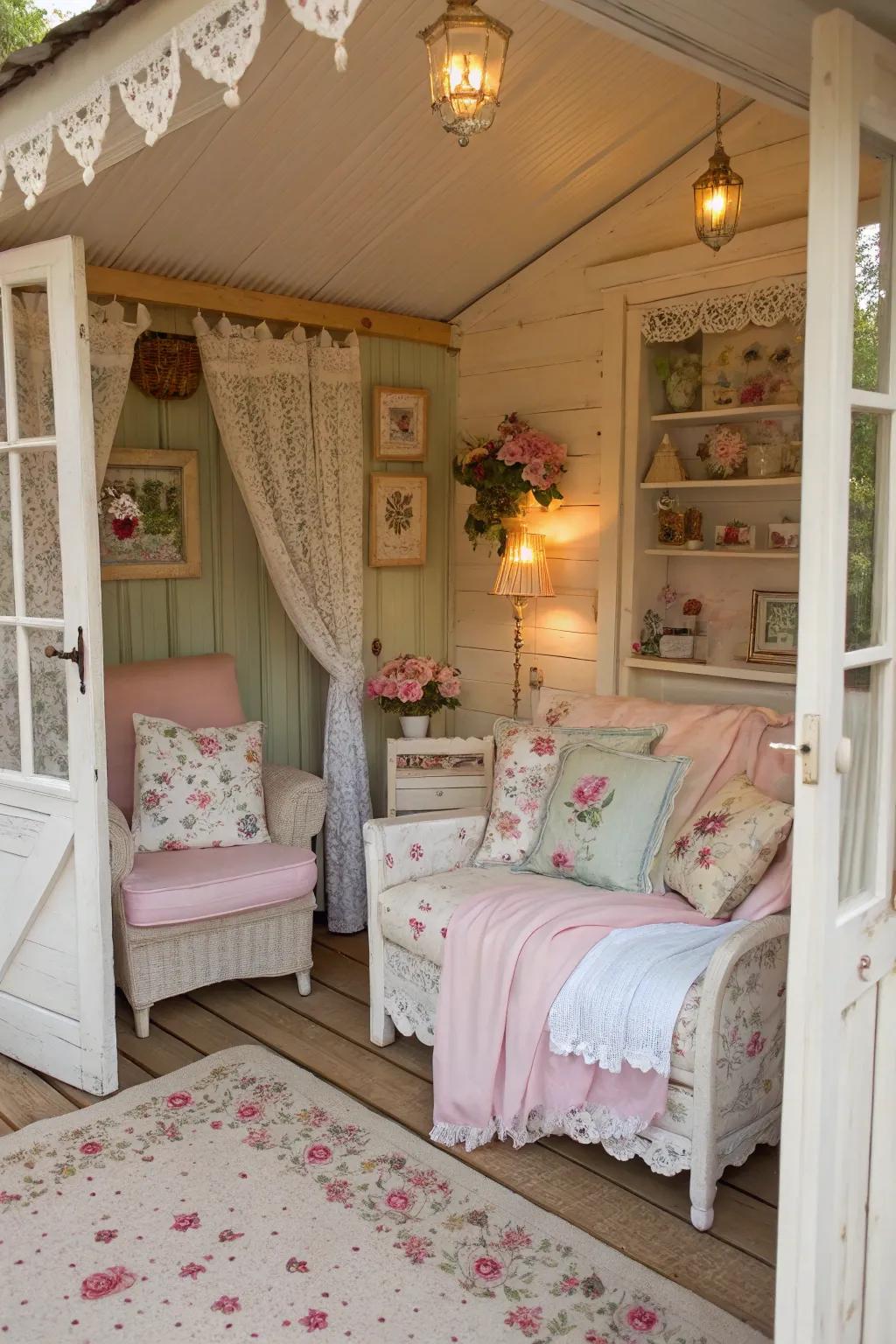 Design a cottage-style hideaway in your she shed with soft colors and vintage elements.