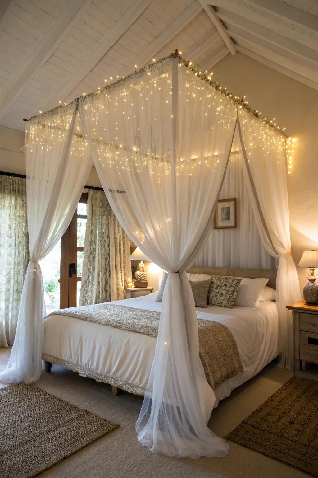 A whimsical bed topper fashioned from light-filtering curtains injects a snug and magical touch into the bedroom.