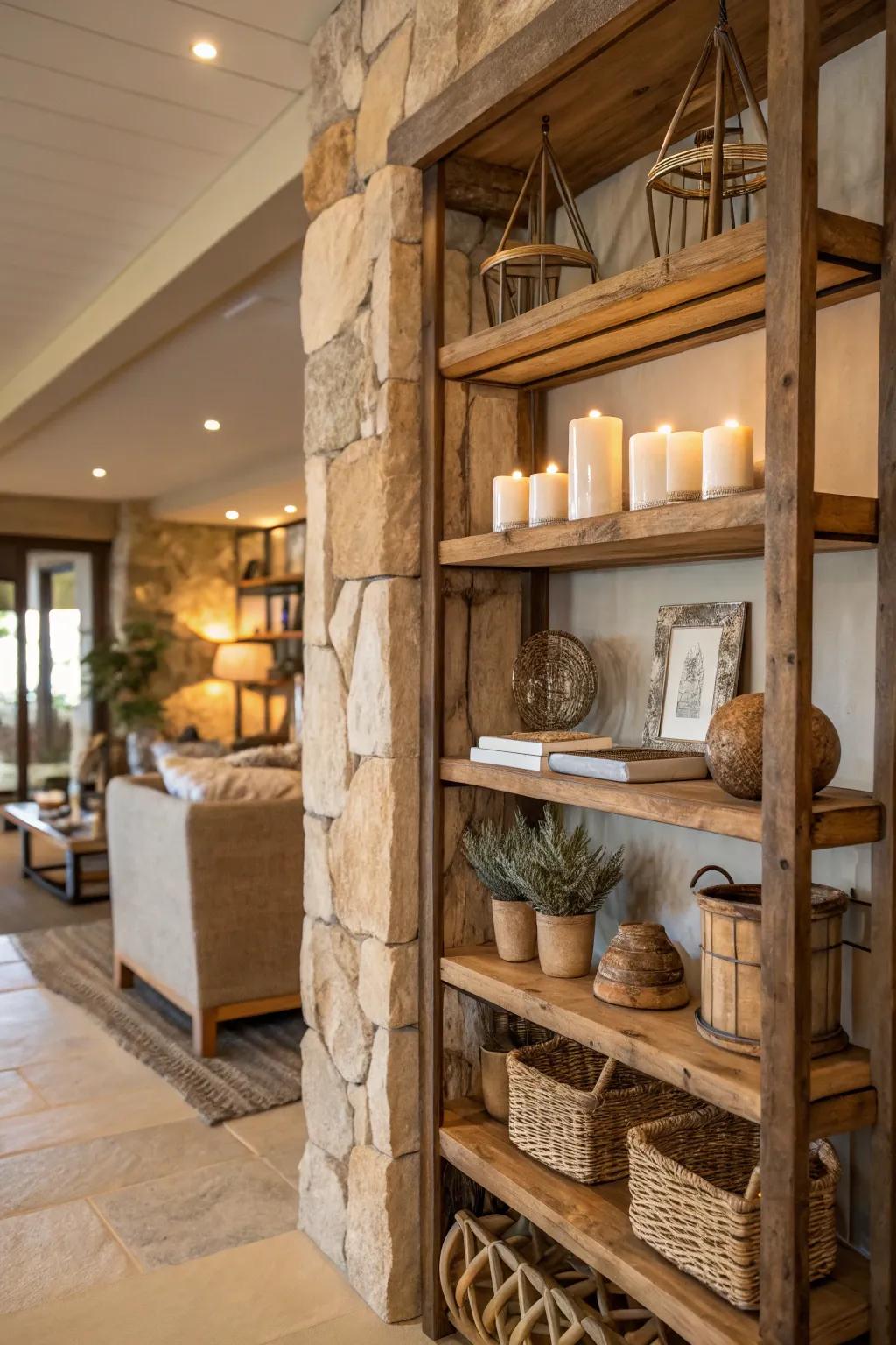 Organic elements introduce warmth and texture to shelves.