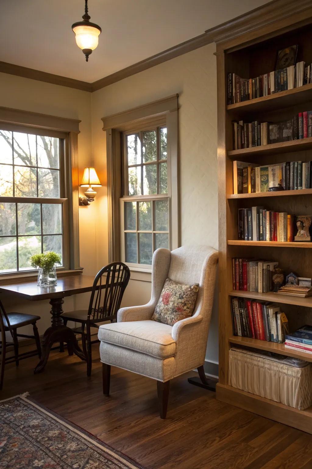 A library corner transports warmth and allure to the dining precinct.