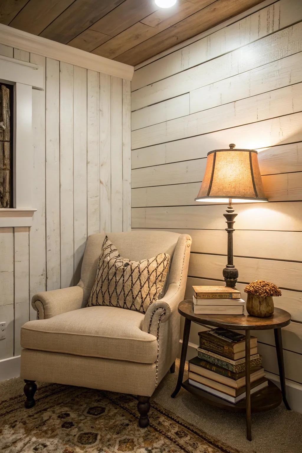 A serene reading corner with shiplap charm.