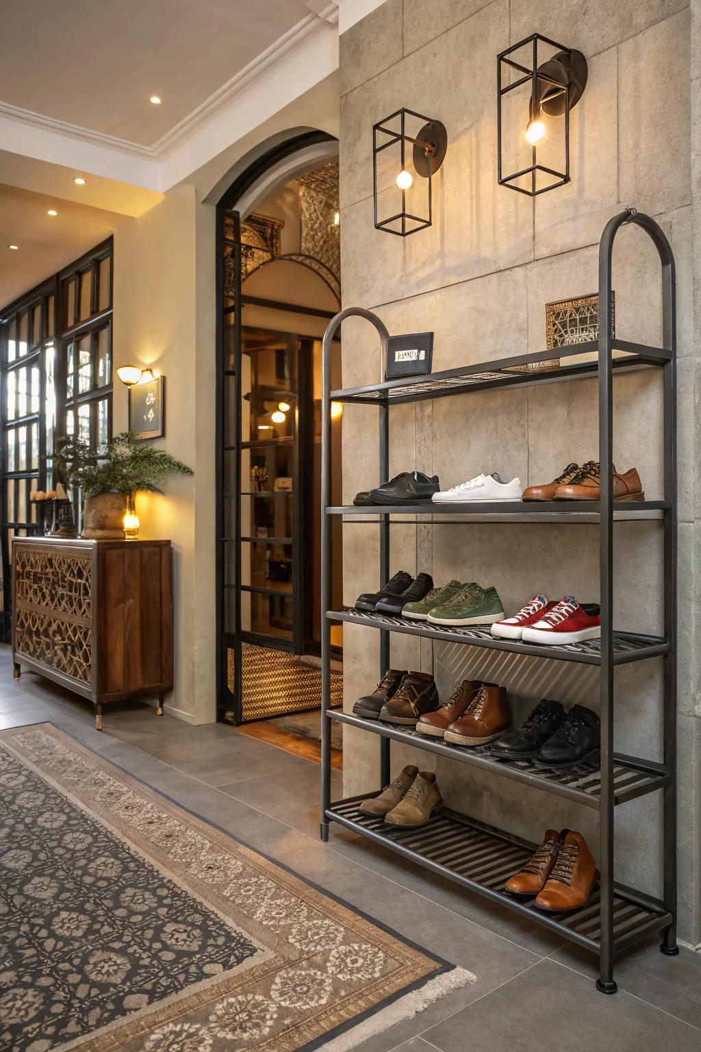 Industrial metal footwear racks contributing chic style to the hallway.