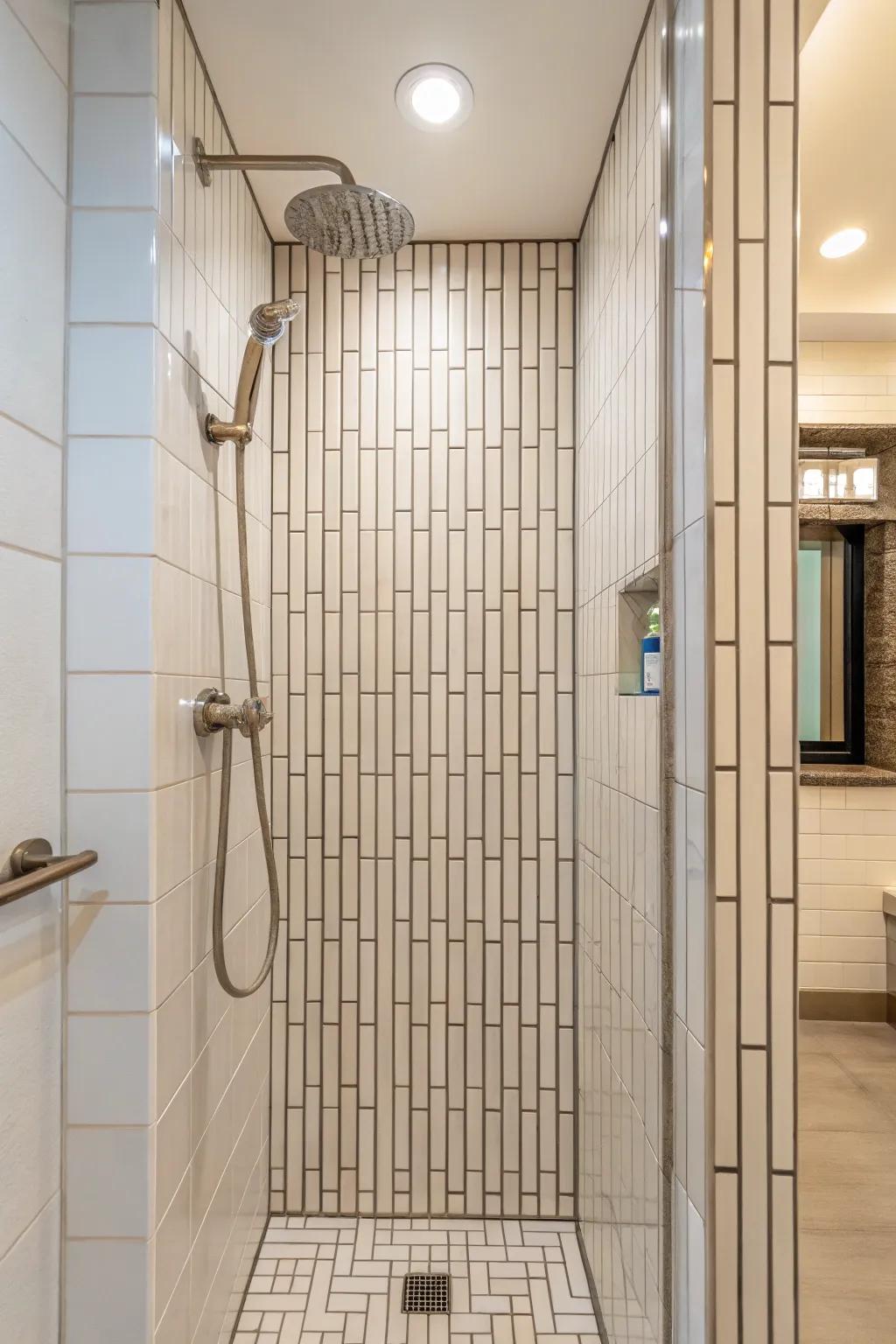 Upright cladding enhancing the altitude and spaciousness of the shower stall.