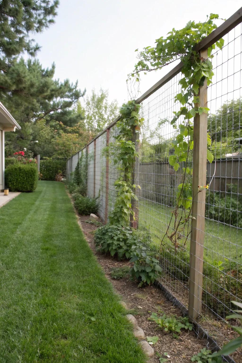Airy side yard featuring a wire mesh fence.
