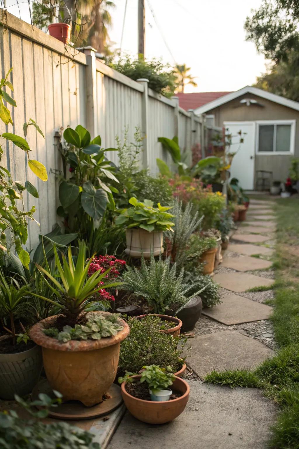 Transmute your side yard into a verdant container garden paradise.