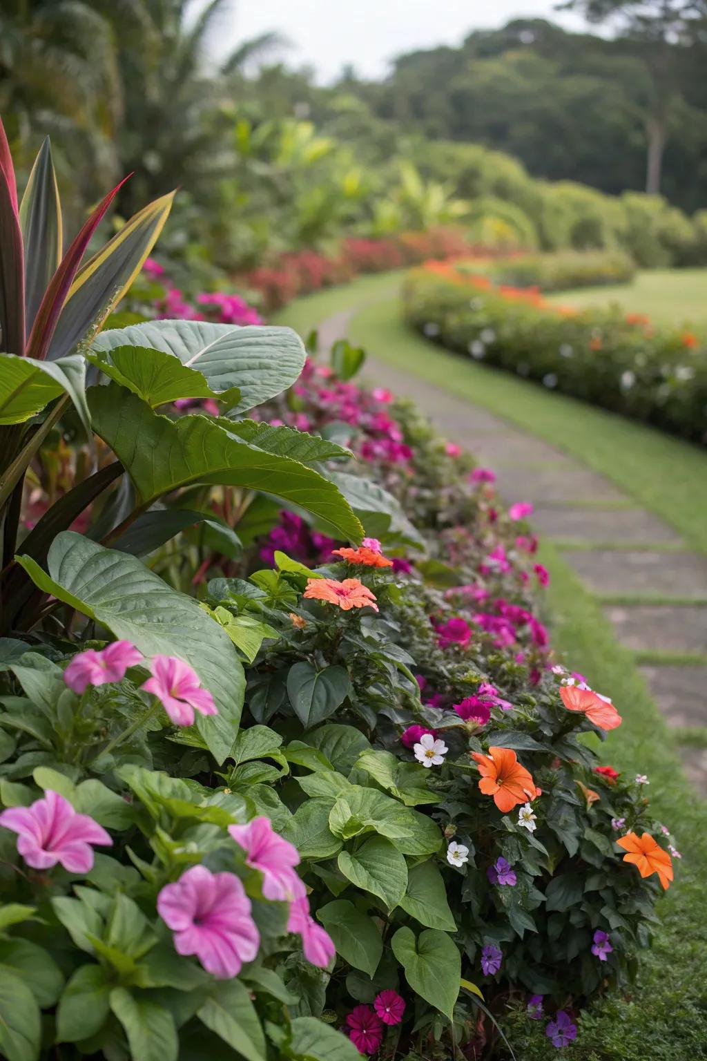 Tropical plants and radiant blossoms imbue the garden bed with an exotic allure.