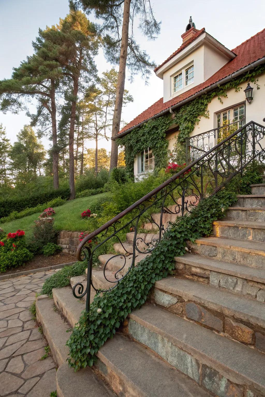 Iron scrolls append vintage allure and elaborate pulchritude to handrails.
