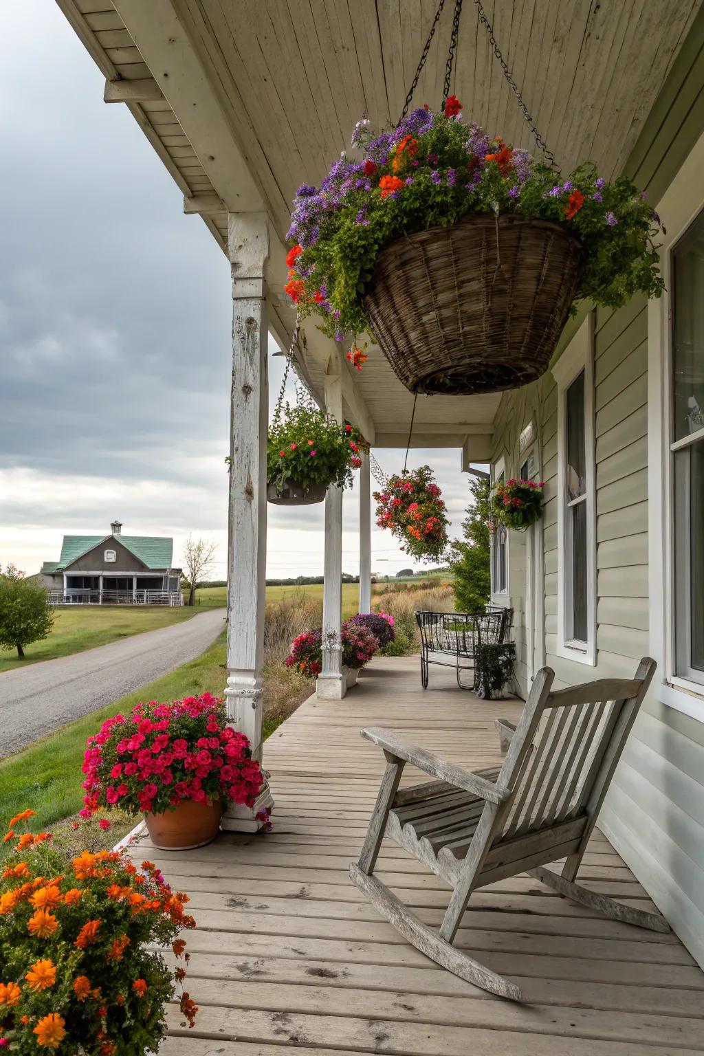 Illuminate your veranda with seasonal baskets.