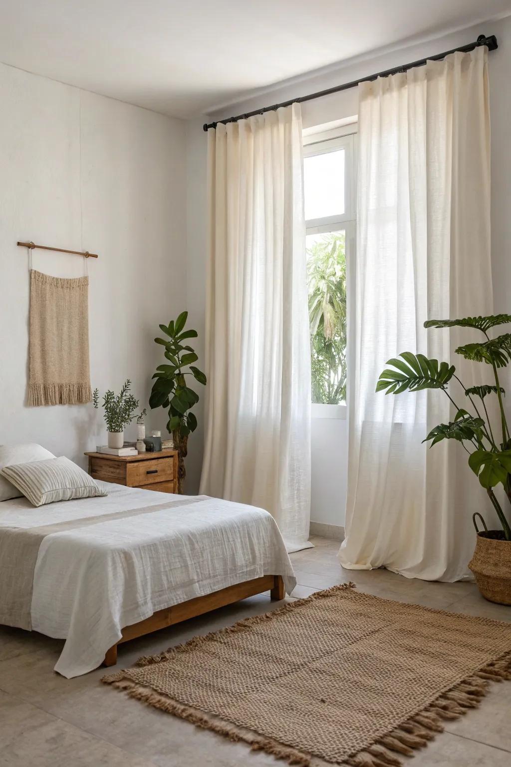 Organic weave draperies proffer a tenable and stylish option for this minimalist chamber.