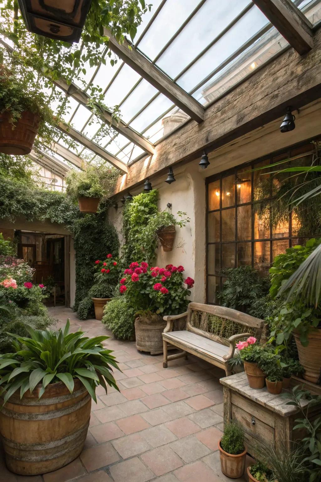 An indoor botanical garden thriving beneath a copious skylight.