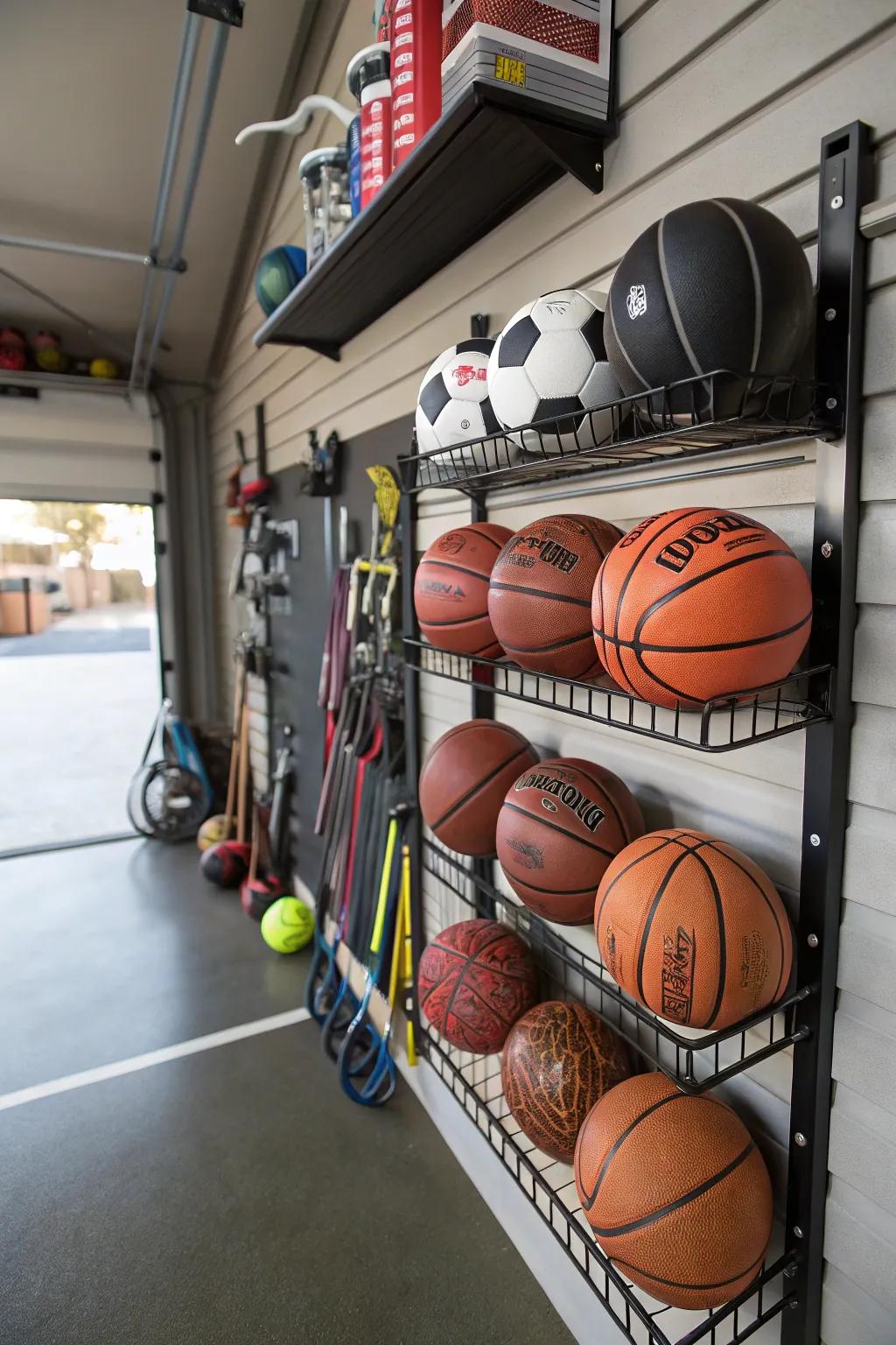 A ball rack organizes balls and decreases garage clutter.
