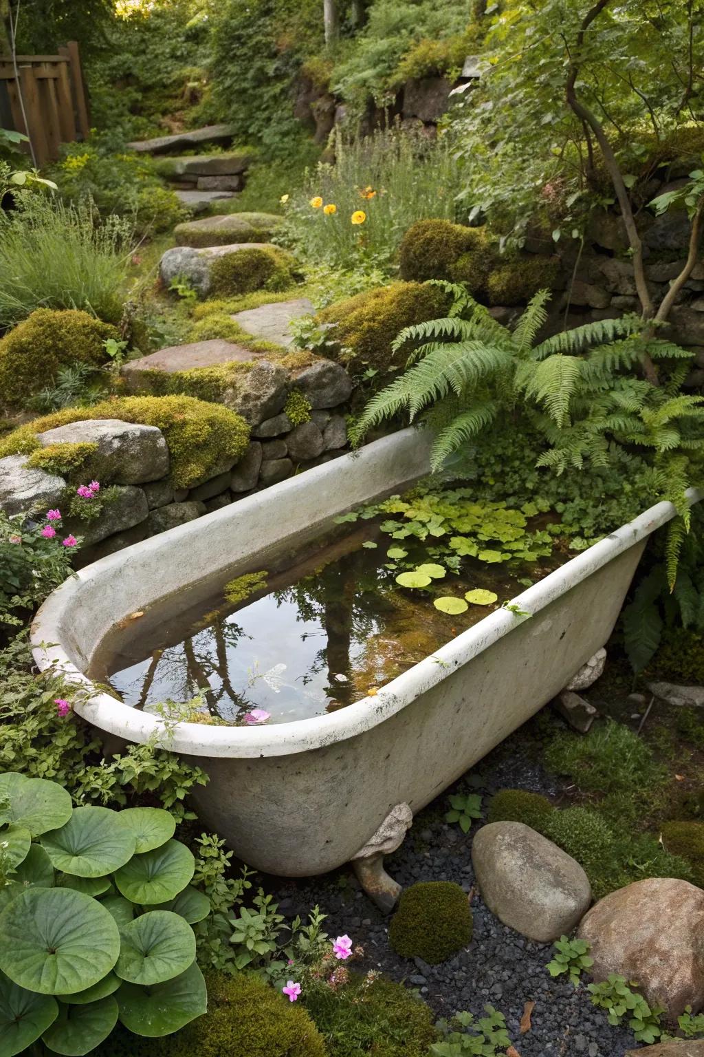 An old bathing tub repurposed as a pond brings unique charm to the garden.