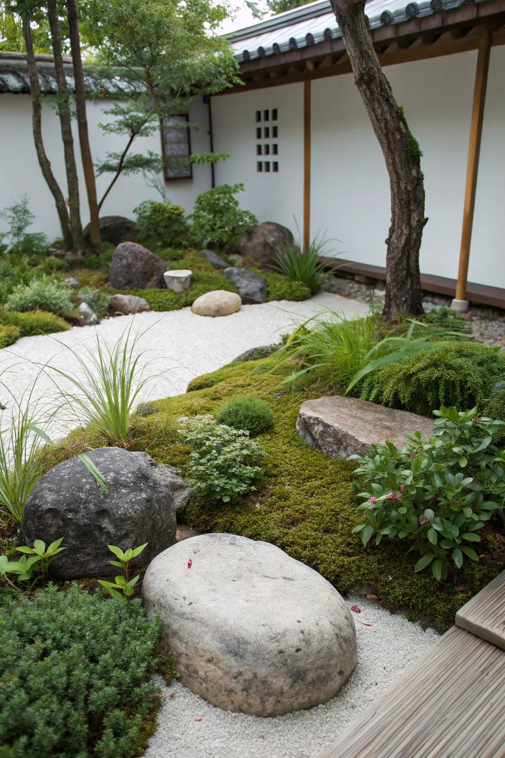 A zen garden exhibits an imbalanced arrangement of rocks and foliage for energetic harmony.