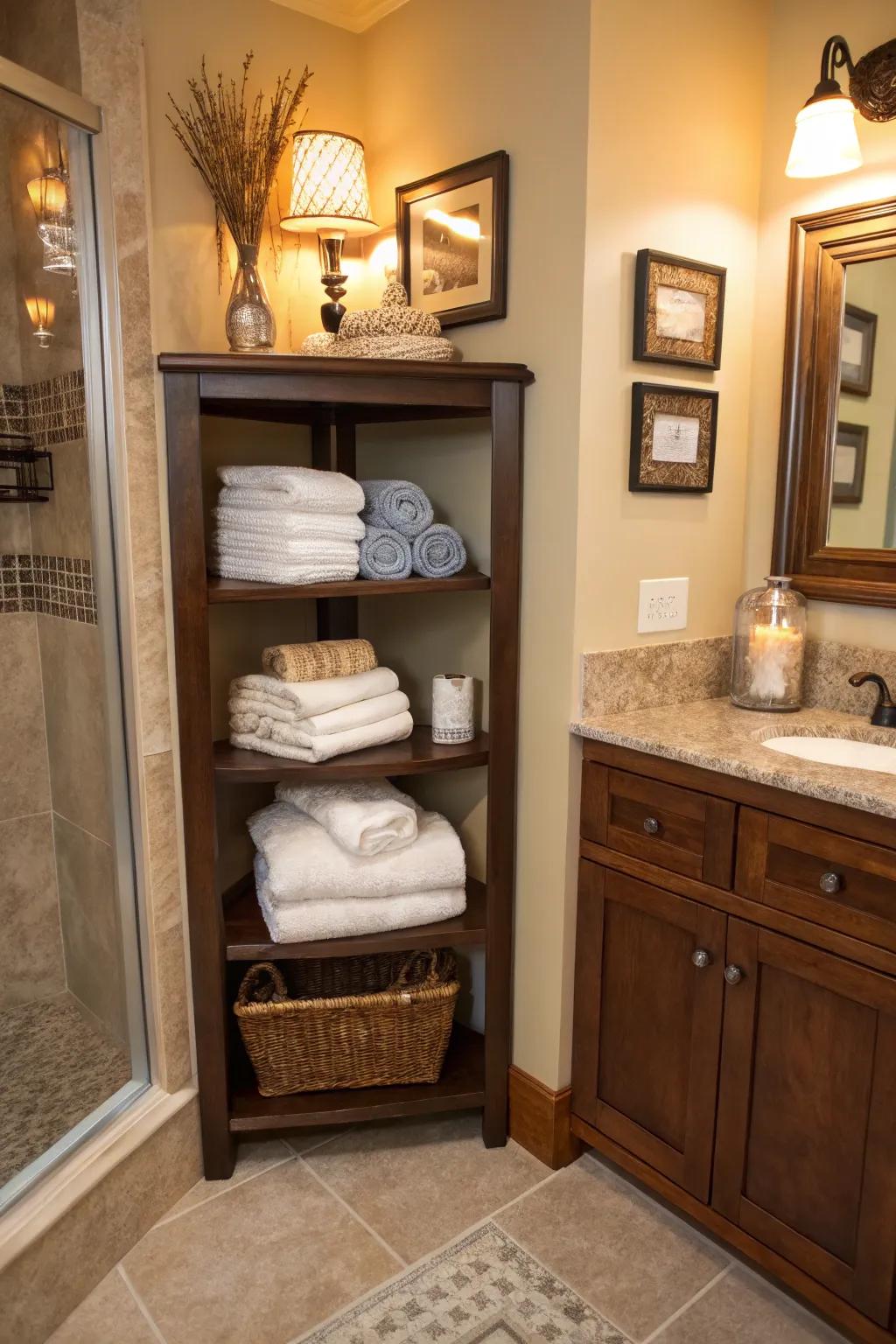 Utilize every inch of bathroom space with corner shelving.