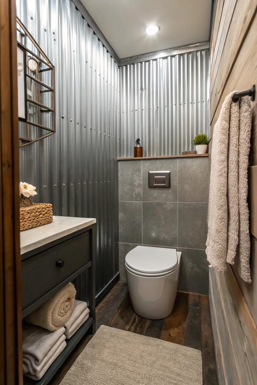 Metal panels are featured in a compact bathroom, incorporating an industrial touch through modern elegance.