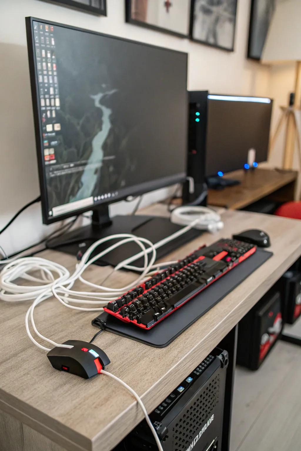 Efficient cable management ensures a tidy and organized gaming arrangement.