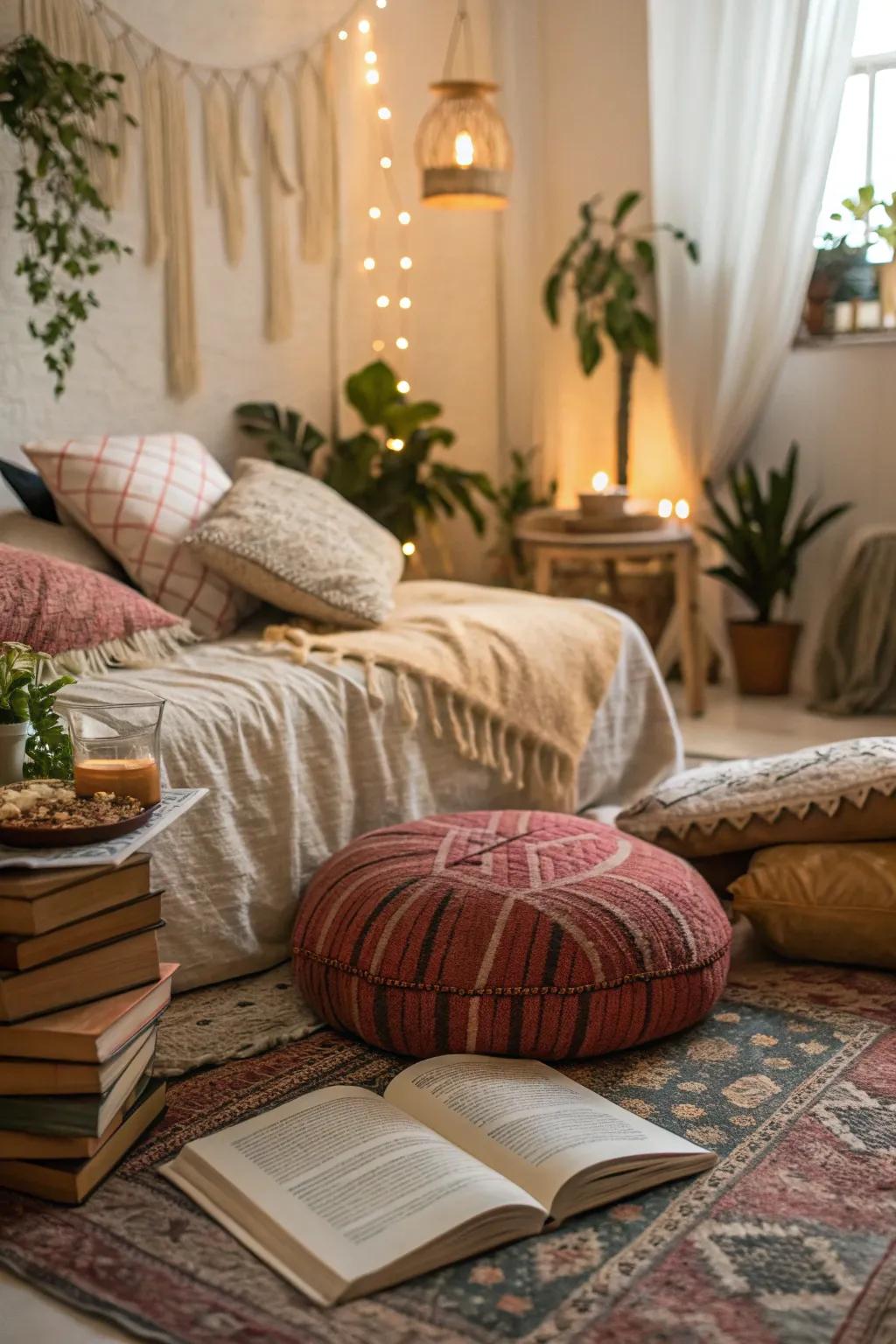 A cozy reading area adds a charming retreat in this boho bedroom
