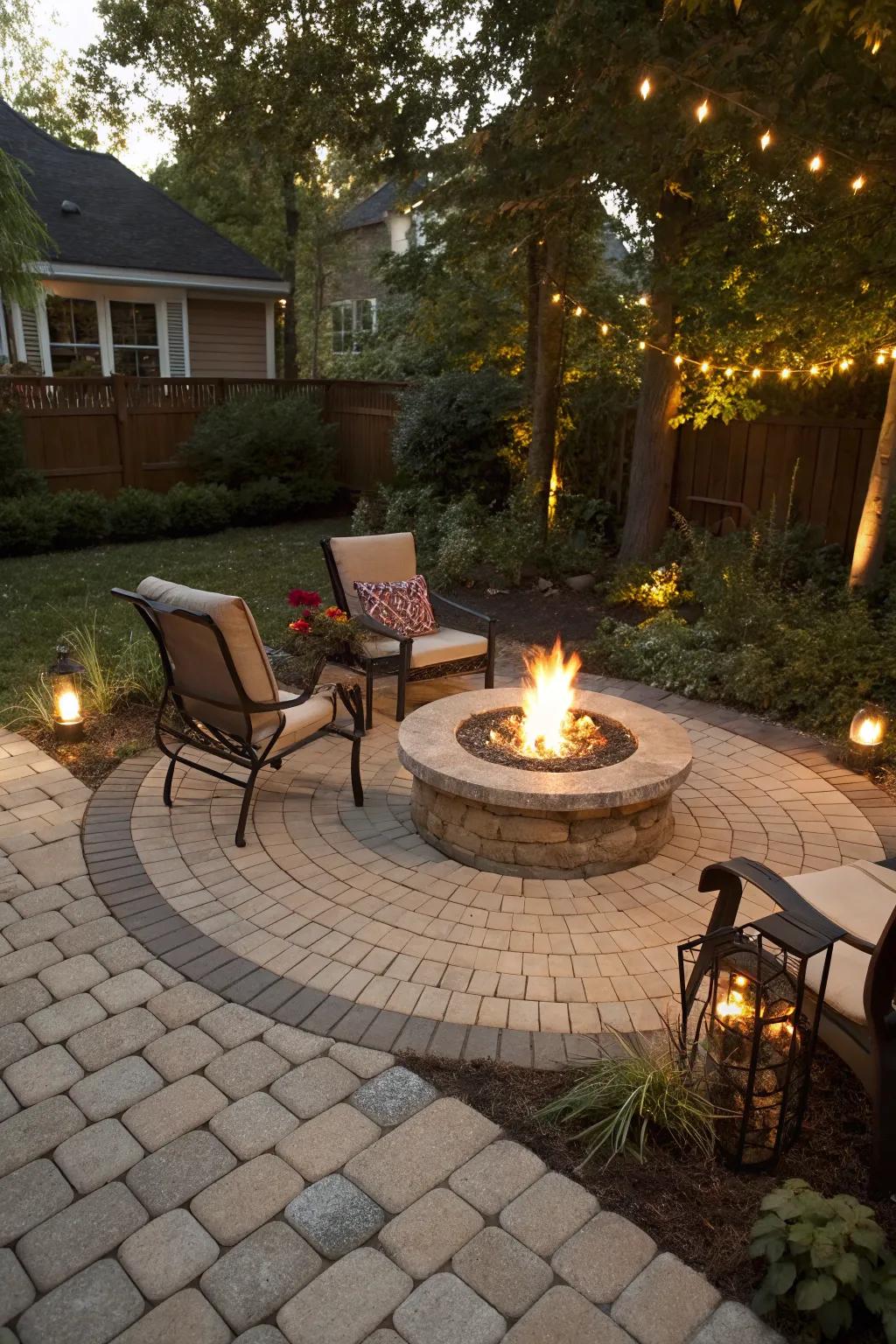 A fire feature serves as a warm and inviting focal point.