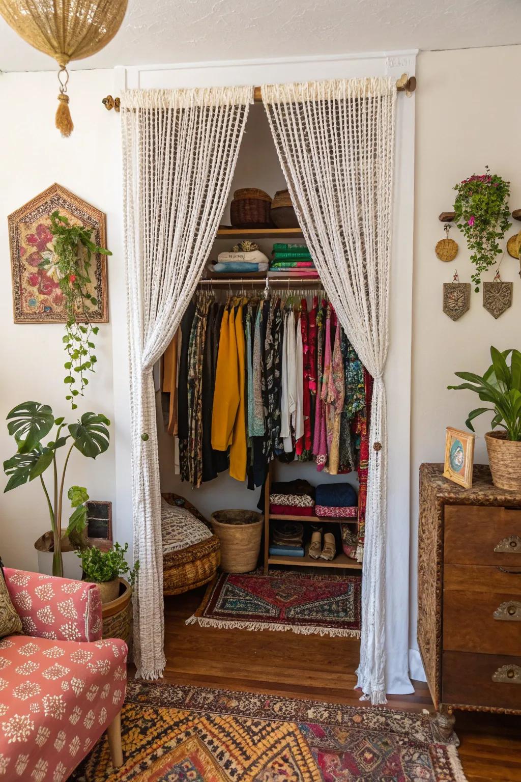 Beaded curtains add a playful bohemian charm.