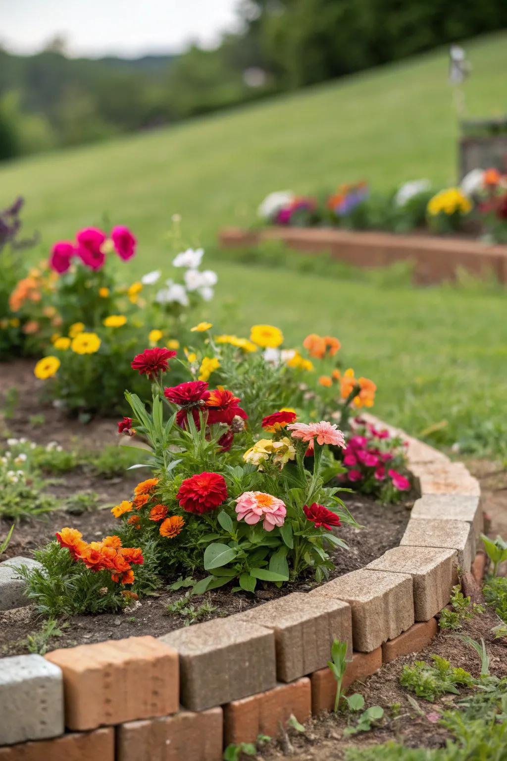 A sustainable, petite flower bed characterized by endearing reclaimed brick perimeters.