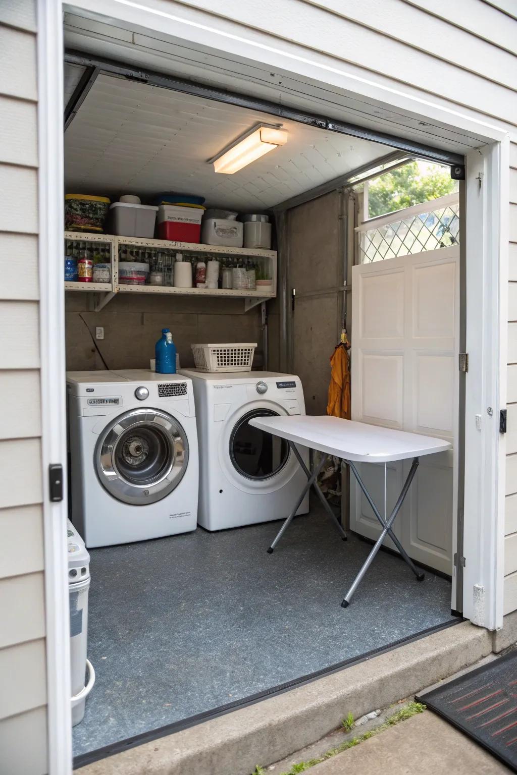 A small garage transformed into an efficient laundry spot.
