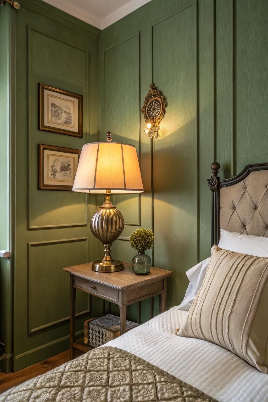 Olive green and vintage elements enrich timeless charm.