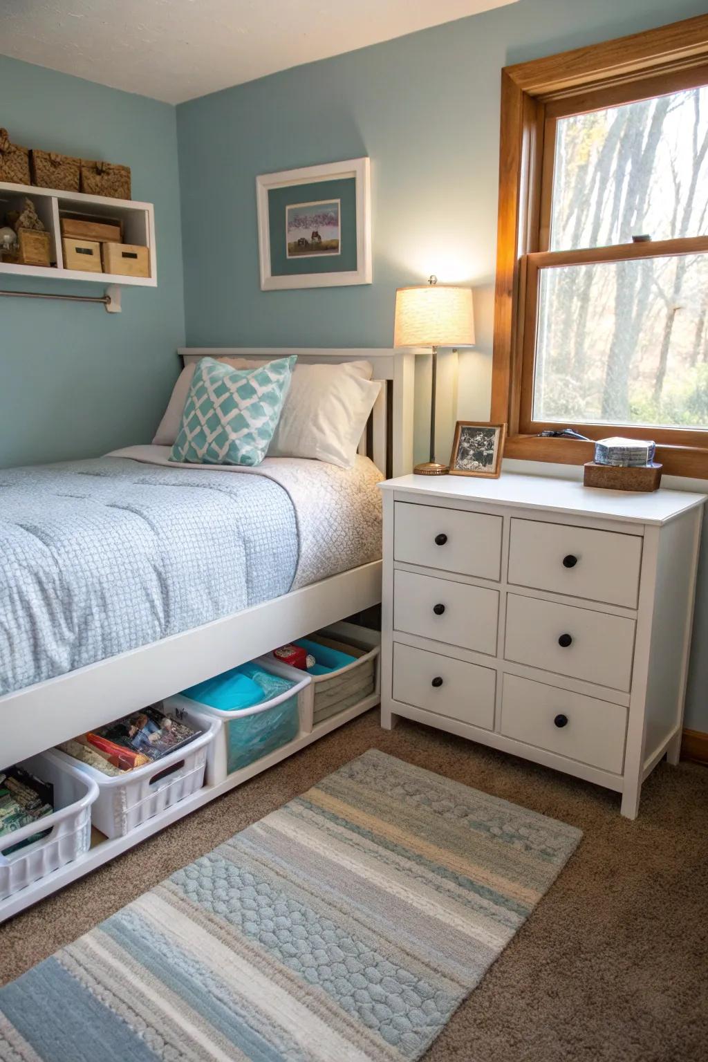Storage beneath the bed enhances space utilization.