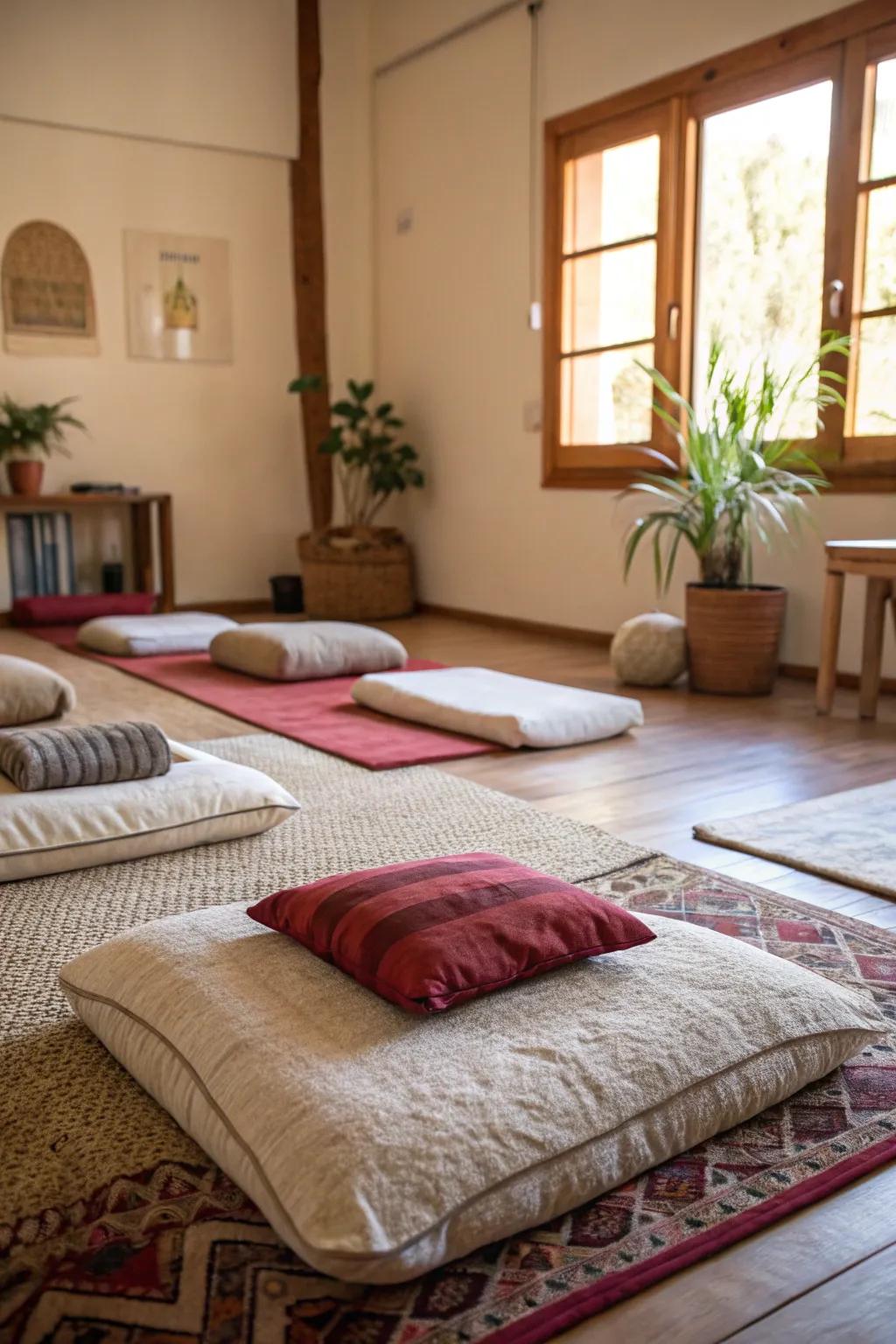 Soft textures enhance comfort in a yoga room.