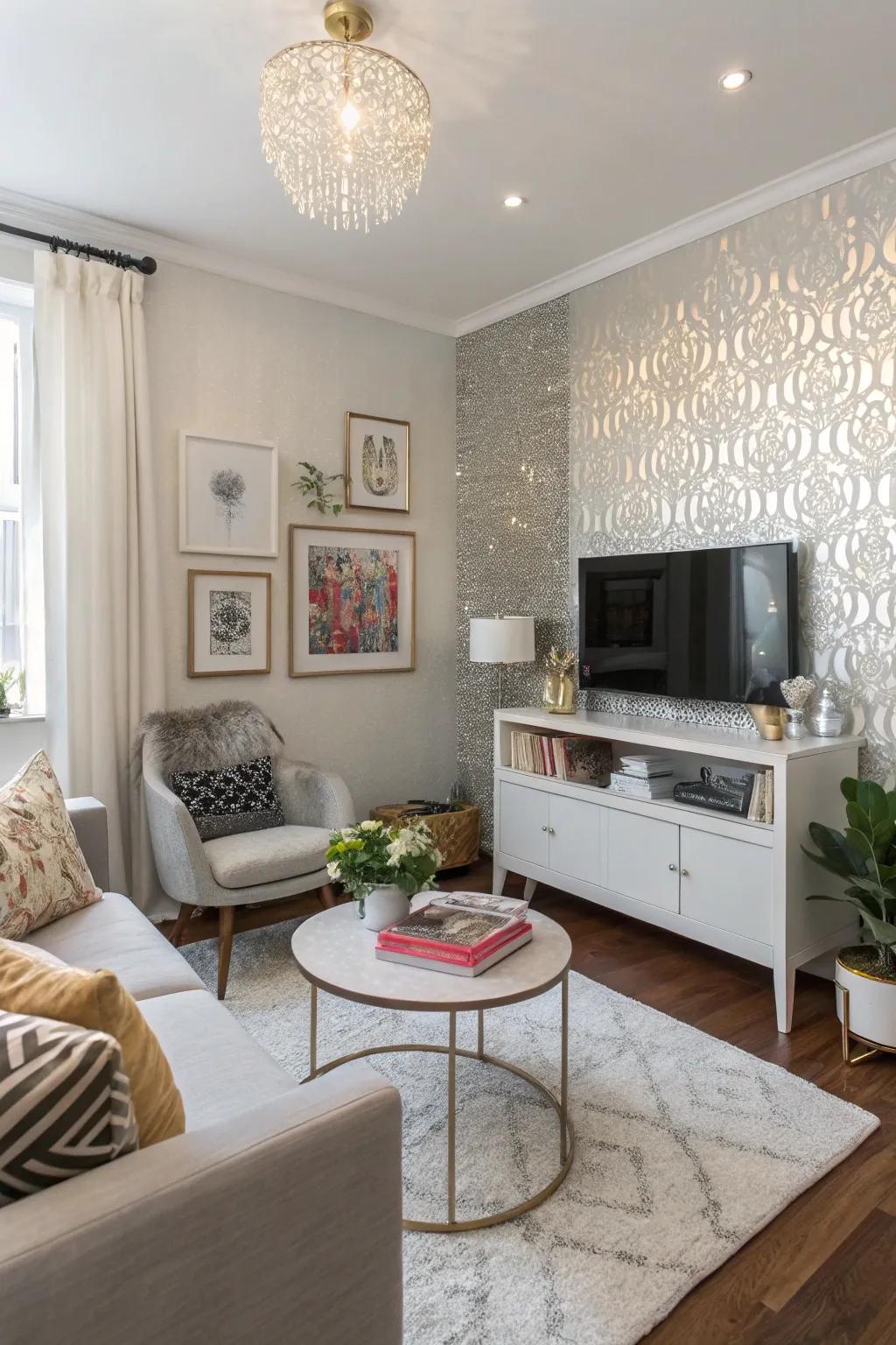 A small living room with a glossy wall for added glamour.