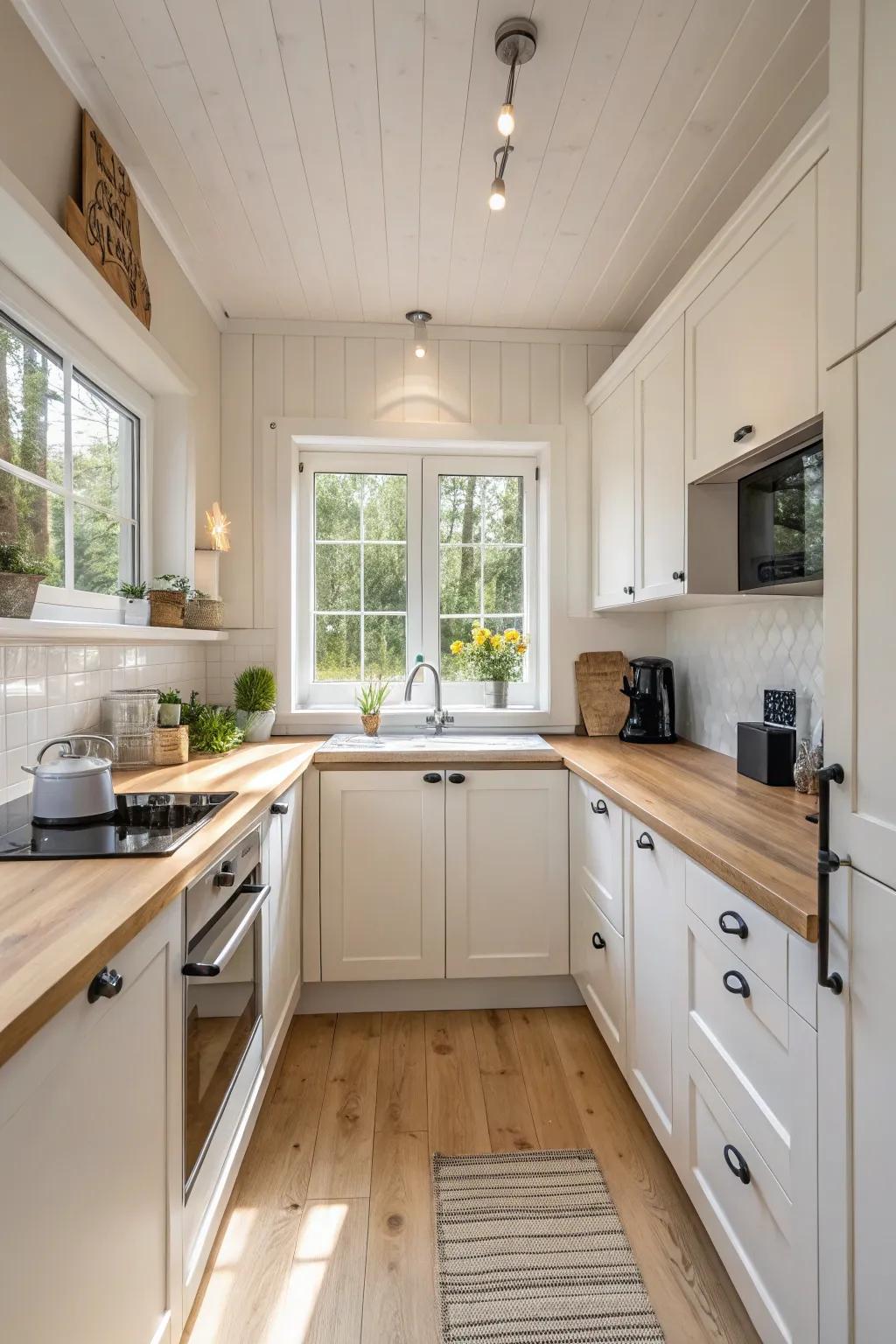 Light wood finishes brighten up a small kitchen.