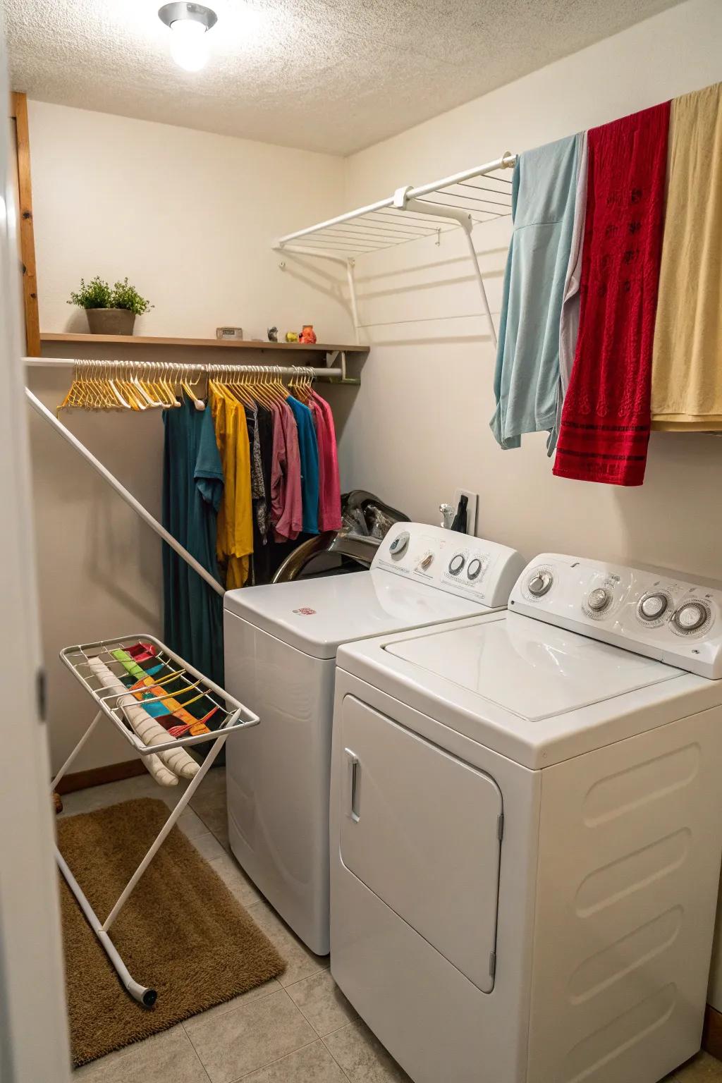 Make use of vertical space by using a drying rack over the washer.
