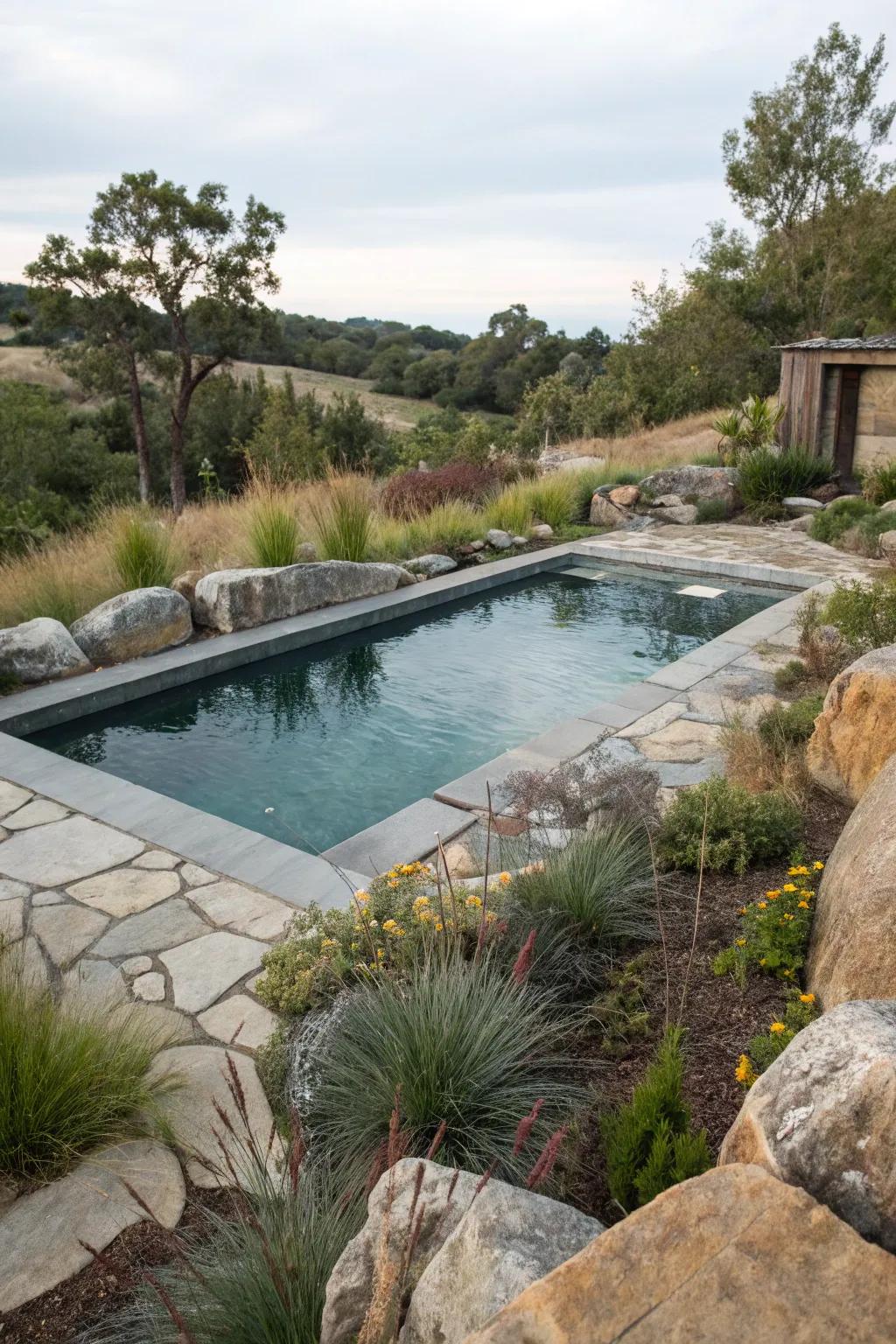 Inherent landscaping merging seamlessly with the pool.