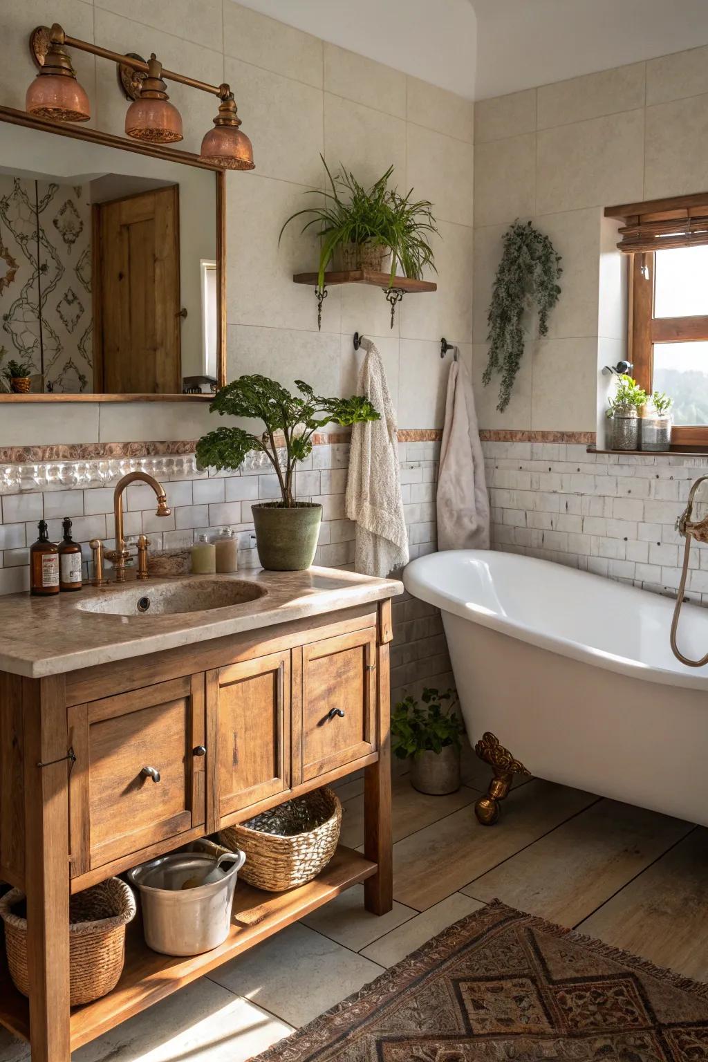 Copper accents add a luxurious twist to rustic bathrooms.