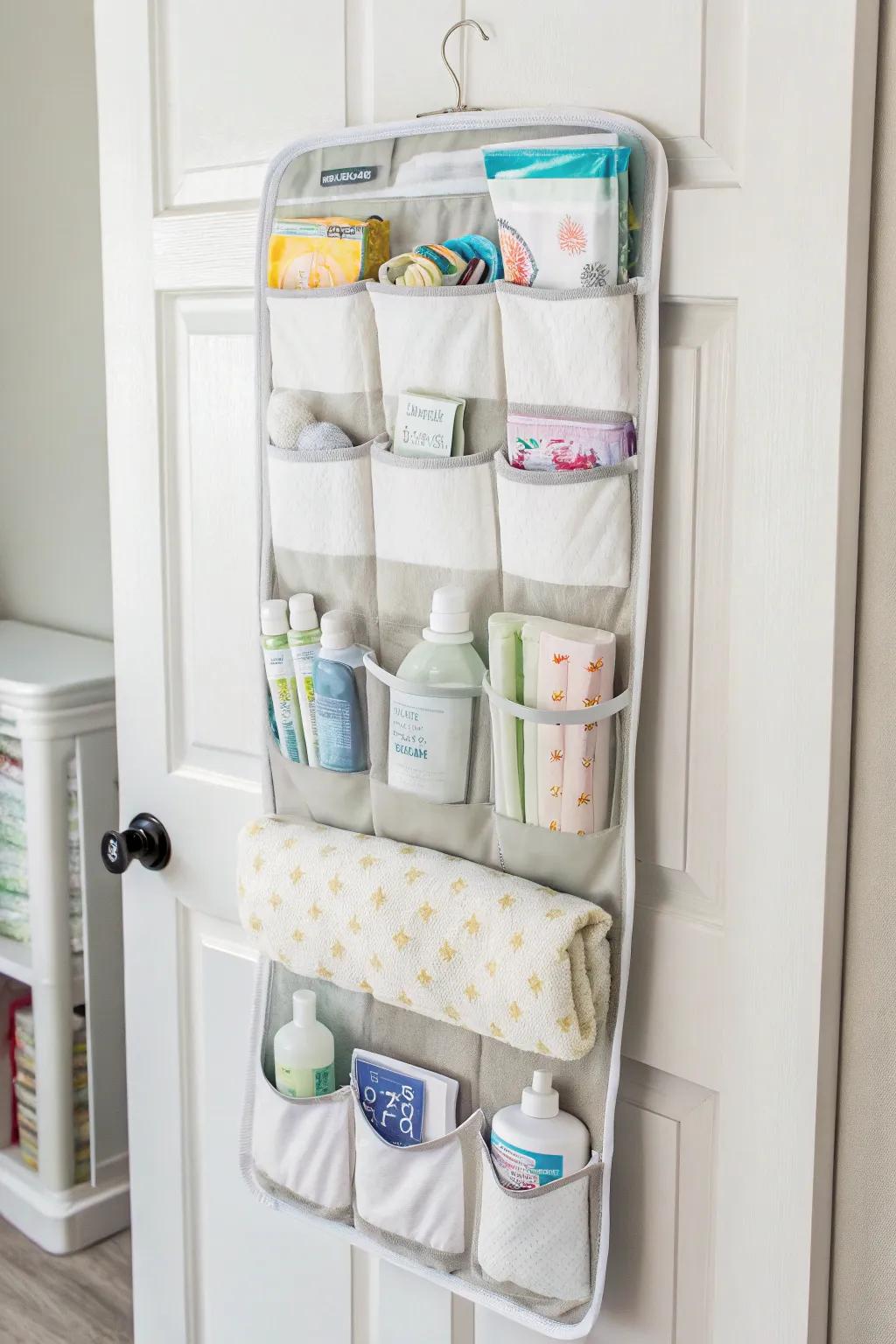 Over-the-door organizers maximize storage space efficiently.