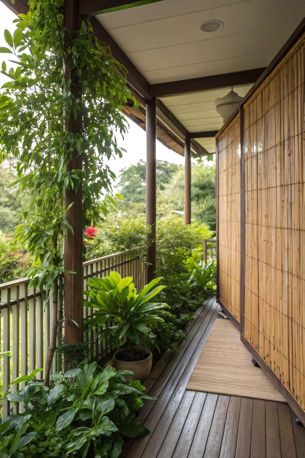 A side porch enhanced with a bamboo privacy screen and lavish foliage.