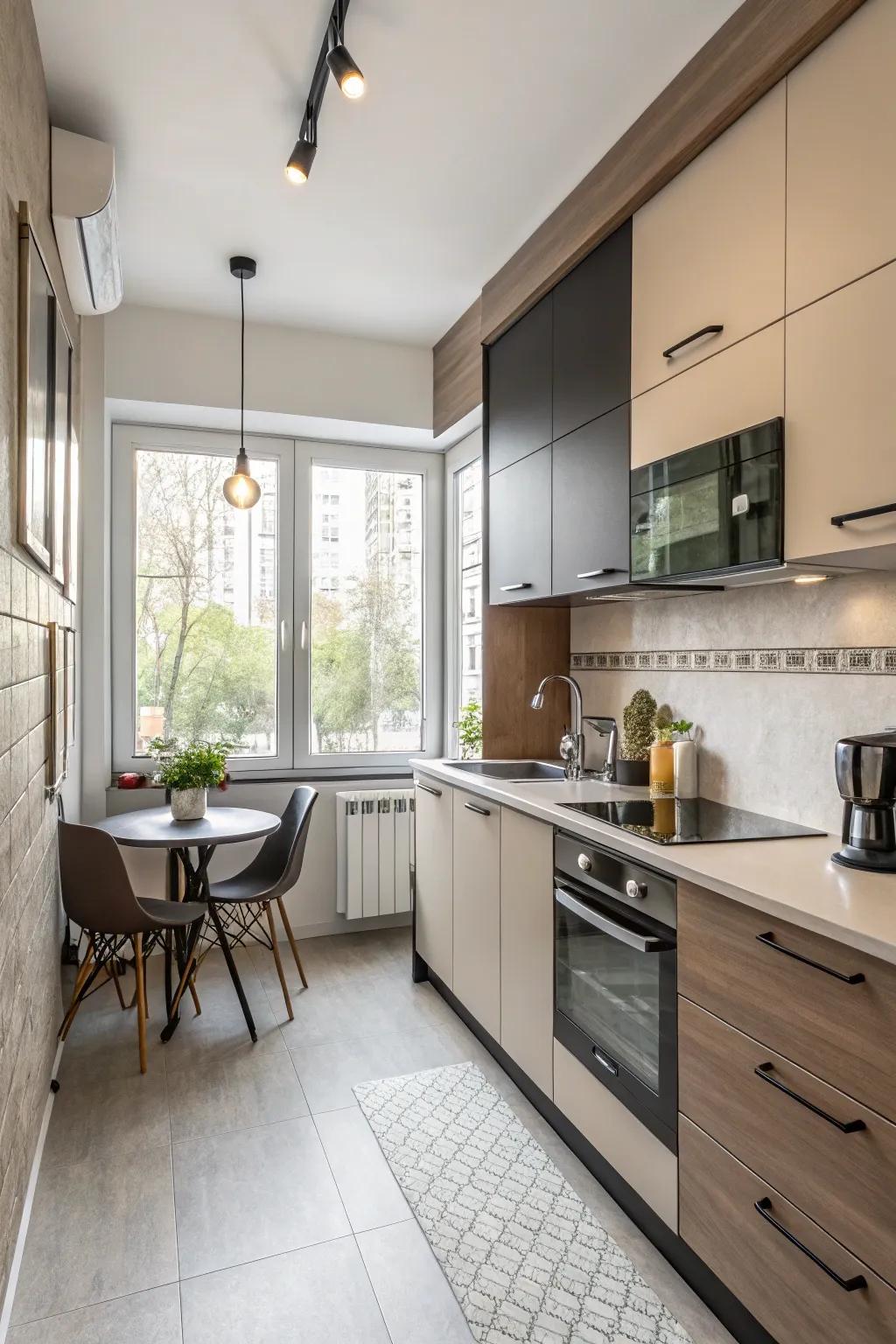 Dual-tone cabinets introducing a dynamic element to compact kitchen layouts.