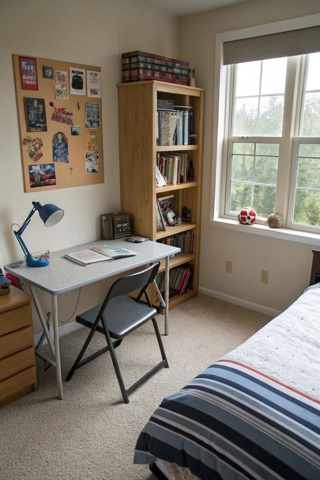 Folding furniture elements incorporate flexibility and economize on area.