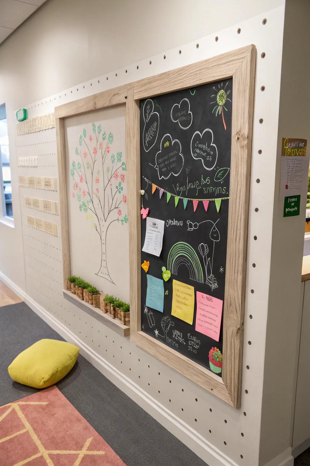 Interactive decor encouraging creativity.