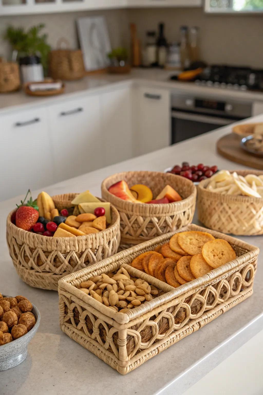 Ornamental baskets merge aesthetic appeal and functionality within snack retention.