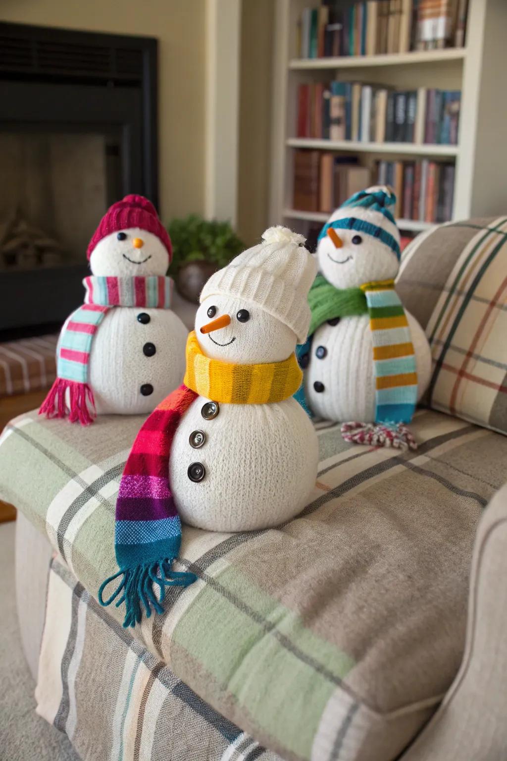 Upcycled sweater snowmen bring warmth to your space.