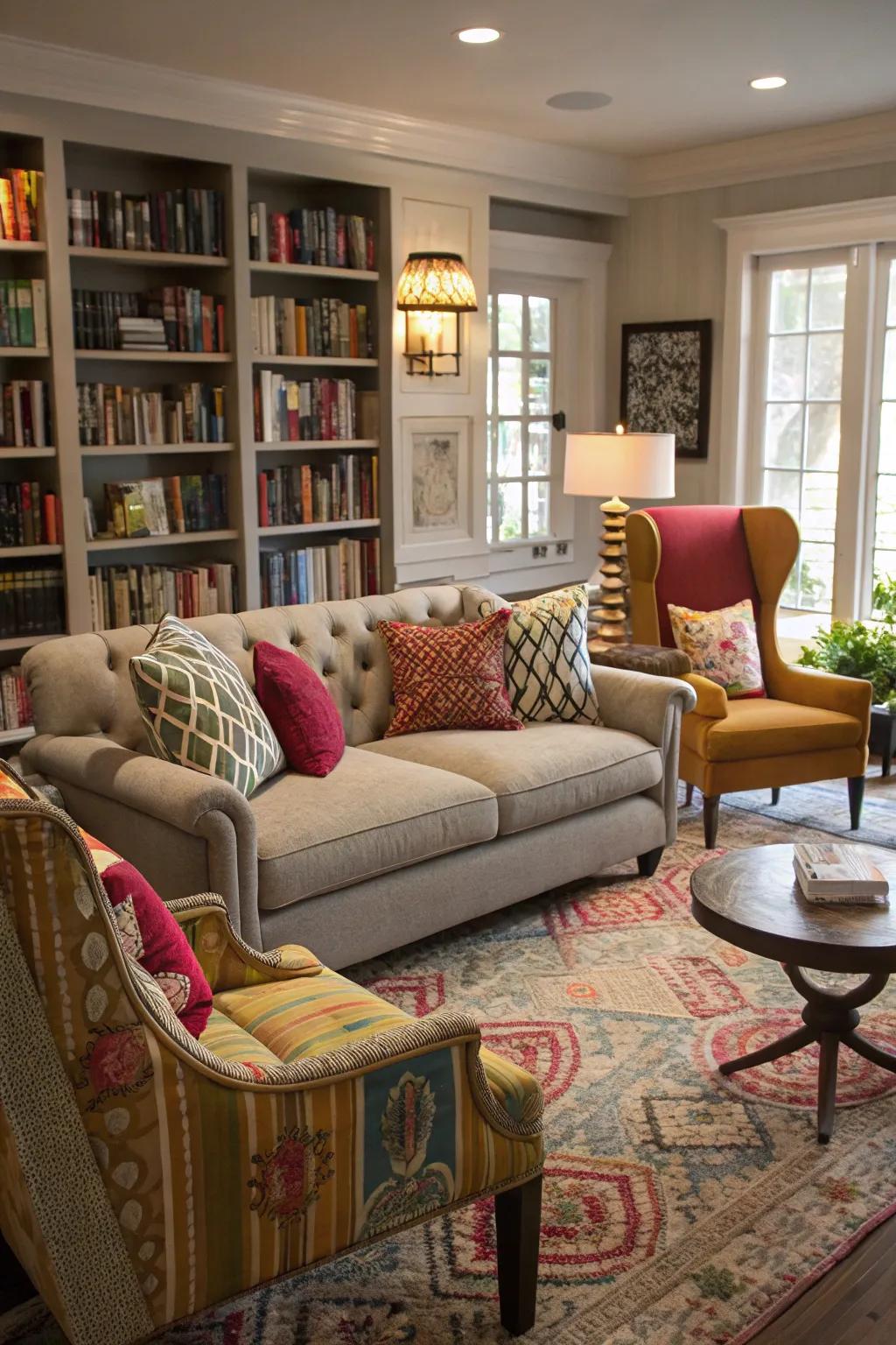 Mixing multiple styles of chairs around a sofa adds eclectic charm.