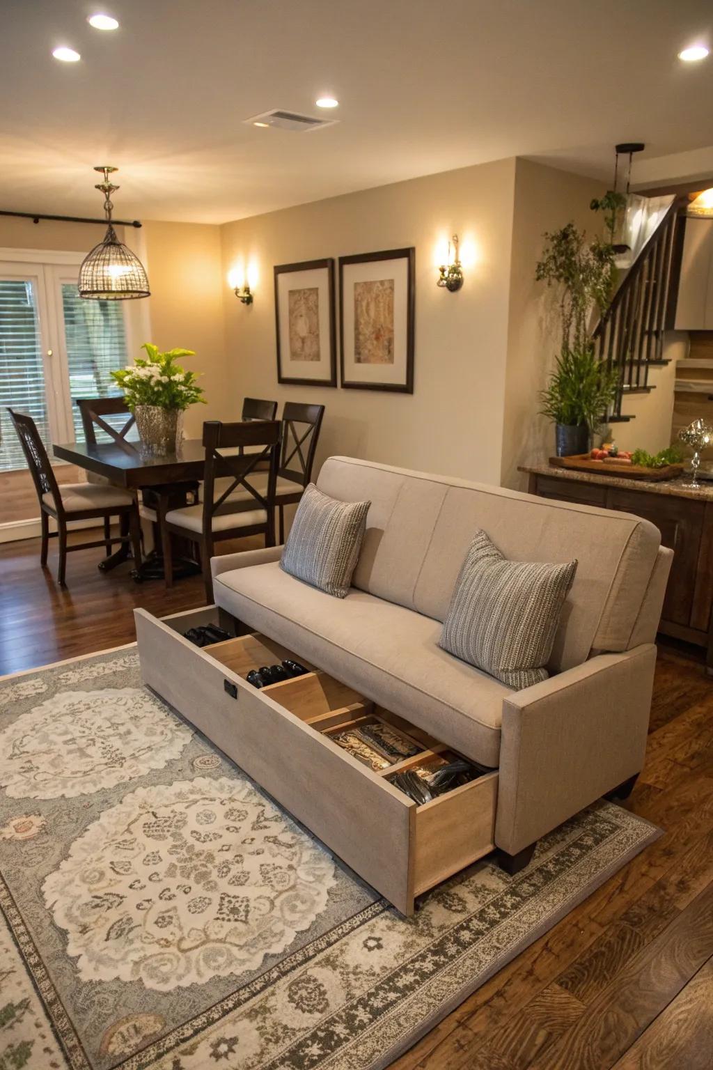 Maintain a tidy space with concealed storage solutions.